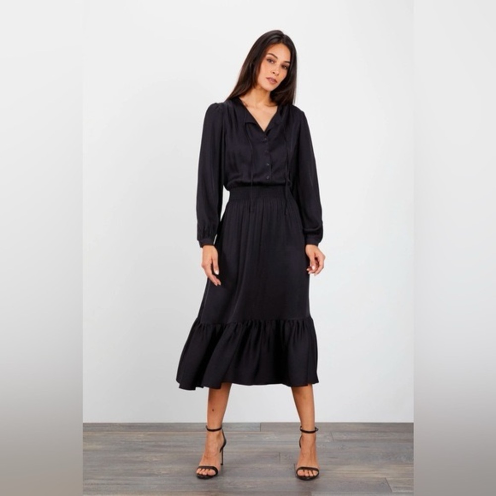 Tucker Juliette Dress Black Winter in Stretch Charmeuse Silk Midi Long Sleeves